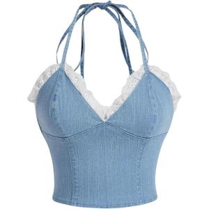 imageMilumia Womens Lace Trim Tie Back Denim Halter Tops Shirred Sleeveless Crop Top