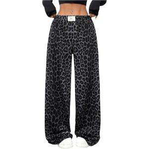 imageMilumia Womens Leopard Elastic Waist Sweatpants Straight Wide Leg Pant TrousersBlue