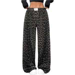 imageMilumia Womens Leopard Elastic Waist Sweatpants Straight Wide Leg Pant TrousersGrey