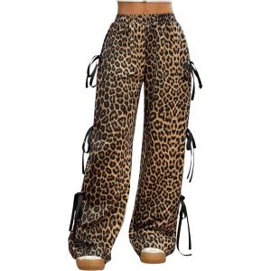 imageMilumia Womens Leopard Print Bow Tie Side Pants Low Rise Wide Leg SweatpantsBrown