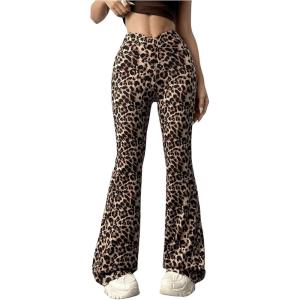 imageMilumia Womens Leopard Print Crossover Flare Wide Leg Pants High Waisted Bootcut Leggings PantsBrown