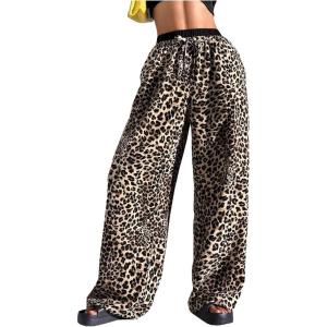 imageMilumia Womens Leopard Print Drawstring Long Pants Wide Leg Loose TrousersBrown