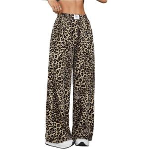 imageMilumia Womens Leopard Print Elastic Waisted Wide Leg Long Pants TrousersBrown