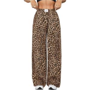 imageMilumia Womens Leopard Print Elastic Waisted Wide Leg Long Pants TrousersDark Brown