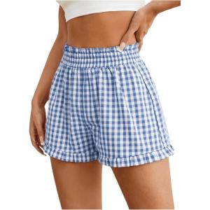 imageMilumia Womens Plaid Paperbag High Waist Ruffle Hem Casual ShortsBlue and White