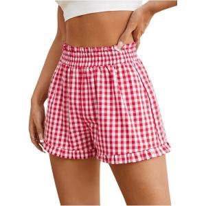 imageMilumia Womens Plaid Paperbag High Waist Ruffle Hem Casual ShortsRed and White