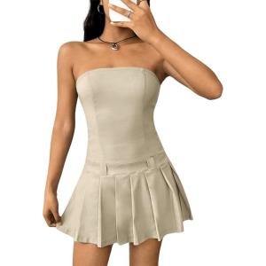 imageMilumia Womens Pleated Mini Tube Top Dress Sleeveless A Line Bandeau Short DressesKhaki