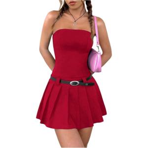imageMilumia Womens Pleated Mini Tube Top Dress Sleeveless A Line Bandeau Short DressesRed Solid