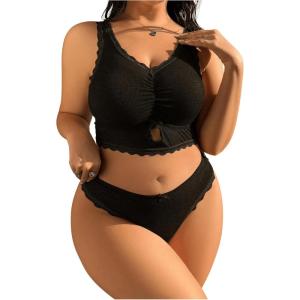 imageMilumia Womens Plus Size Bow Lace Bralette Lingerie Set bra and panty setsBlack