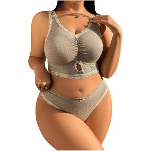 imageMilumia Womens Plus Size Bow Lace Bralette Lingerie Set bra and panty setsGrey
