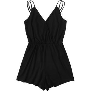 imageMilumia Womens Plus Size Cami Romper Wrap V Neck Spaghetti Straps Casual Short JumpsuitBlack