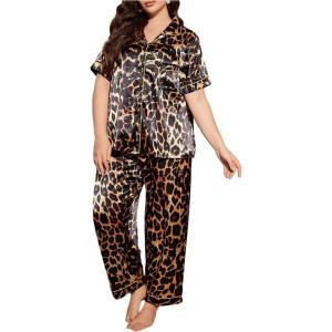imageMilumia Womens Plus Size Satin Pajama Set 2 Piece Notch Collar Sleepwear LoungewearDark Brown