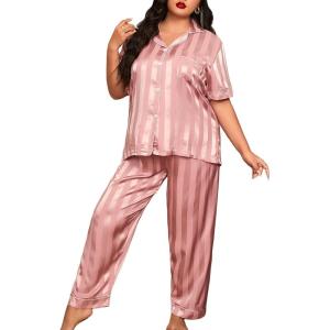imageMilumia Womens Plus Size Satin Pajama Set 2 Piece Notch Collar Sleepwear LoungewearDusty Pink Plain