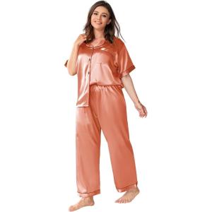 imageMilumia Womens Plus Size Satin Pajama Set 2 Piece Notch Collar Sleepwear LoungewearPink Solid
