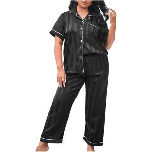 imageMilumia Womens Plus Size Satin Pajama Set 2 Piece Notch Collar Sleepwear LoungewearStripe Black