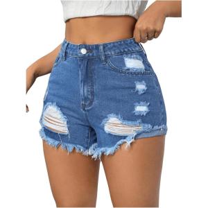 imageMilumia Womens Ripped Distressed Skinny Denim Shorts High Waist Cut Out Raw Hem Short Jeans with Pockets