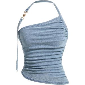 imageMilumia Womens Ruched Denim Halter Top Trendy Backless Asymmetrical Tank TopsLight Wash