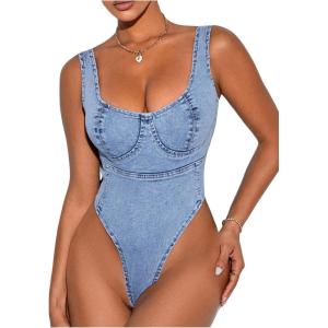 imageMilumia Womens Scoop Neck Denim Bodysuit Zipper Backless Y2K Going Out Tank TopsBlue