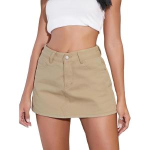 imageMilumia Womens Split Hem Mini Denim Skort Trendy Mid Waist Jean Skirt with PocketKhaki