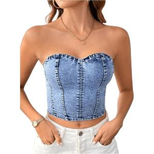imageMilumia Womens Strapless Sleeveless Bandeau Denim Crop Top Slim Fit Tube TopsMedium Wash