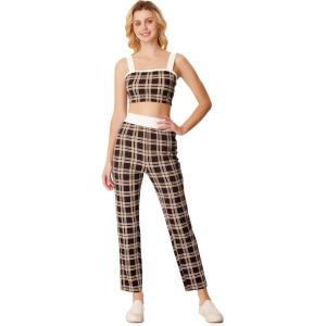 imageMilumia Womens Two Piece Outfit Houndstooth Plaid Crop Tank Top and Pants SetBrown