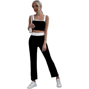 imageMilumia Womens Two Piece Outfit Houndstooth Plaid Crop Tank Top and Pants SetPlain Black