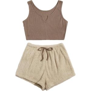 imageMilumia Womens Two Piece Pajama Crop Tank Top Tie Waist Fluffy Teddy Shorts Lounge SetA Brown and Beige