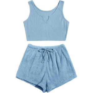 imageMilumia Womens Two Piece Pajama Crop Tank Top Tie Waist Fluffy Teddy Shorts Lounge SetB Blue Plain