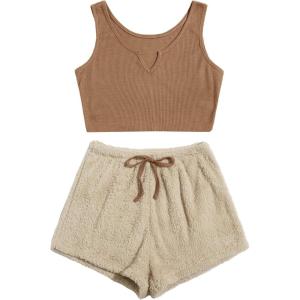 imageMilumia Womens Two Piece Pajama Crop Tank Top Tie Waist Fluffy Teddy Shorts Lounge SetB Multicolor Brown