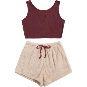 imageMilumia Womens Two Piece Pajama Crop Tank Top Tie Waist Fluffy Teddy Shorts Lounge SetMulti Red Brown