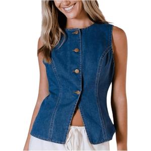 imageMilumia Womens Vintage Button Down Denim Tank Top Split Hem Sleeveless VestsBlue