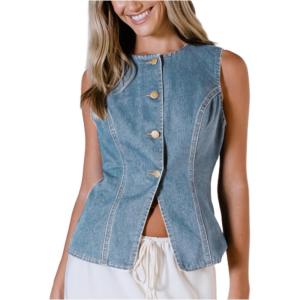imageMilumia Womens Vintage Button Down Denim Tank Top Split Hem Sleeveless VestsLight Wash