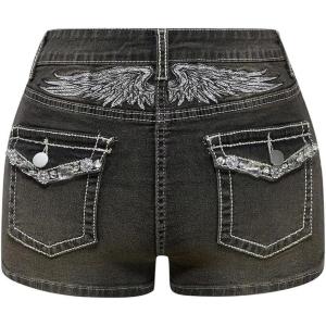 imageMilumia Womens Y2k Rhinestone Decor Denim Shorts Punk Skinny Mini Shorts with PocketGrey