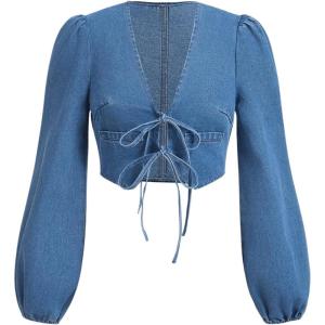 imageMilumia Womens Y2k Tie Front V Neck Long Sleeve Denim Jacket Cropped Jean CoatBlue