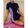 imageMilumia Girls Colorblock Rash Guard Swimsuit Mock Neck Short Sleeve One Piece Bathing SuitsDark Blue