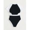 imageMilumia Girls Cut Out Zip Front Onepiece Swimsuit Color Block Short Sleeve Bathing SuitBlack and White