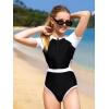 imageMilumia Girls Cut Out Zip Front Onepiece Swimsuit Color Block Short Sleeve Bathing SuitBlack and White