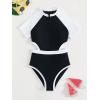 imageMilumia Girls Cut Out Zip Front Onepiece Swimsuit Color Block Short Sleeve Bathing SuitBlack and White
