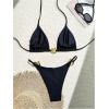 imageMilumia Womens 2 Piece Halter Tie Back Cheeky Swimsuit Metal Decor Triangle Thong Bikini SetBlack