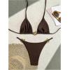 imageMilumia Womens 2 Piece Halter Tie Back Cheeky Swimsuit Metal Decor Triangle Thong Bikini SetBrown