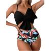 imageMilumia Womens 2 Piece High Waisted Bow Bikini Set Twist Front Ruched Swimsuits Bathing SuitsTropical Black