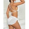 imageMilumia Womens 3 Piece Halter Swimsuits Solid Lace Up Bikini Set with Drawstring Mesh Cover Up SkirtEyelet White