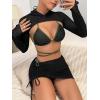 imageMilumia Womens 3 Piece Halter Swimsuits Solid Lace Up Bikini Set with Drawstring Mesh Cover Up SkirtGreen and Black