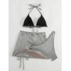 imageMilumia Womens 3 Piece Halter Swimsuits Solid Lace Up Bikini Set with Drawstring Mesh Cover Up SkirtSilver