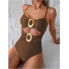 imageMilumia Womens Metal Ring One Piece Swimsuit Cut Out Strapless Bandeau Bathing SuitsBrown