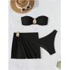 imageMilumia Womens Metal Textured 3 Piece Swimsuit Strapless Bandeau Bikini Set with Coverup Bathing SuitBlack