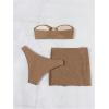 imageMilumia Womens Metal Textured 3 Piece Swimsuit Strapless Bandeau Bikini Set with Coverup Bathing SuitBrown