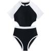 imageMilumia Girls Cut Out Zip Front Onepiece Swimsuit Color Block Short Sleeve Bathing SuitBlack and White