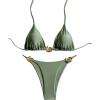 imageMilumia Womens 2 Piece Halter Tie Back Cheeky Swimsuit Metal Decor Triangle Thong Bikini SetArmy Green