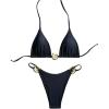imageMilumia Womens 2 Piece Halter Tie Back Cheeky Swimsuit Metal Decor Triangle Thong Bikini SetBlack